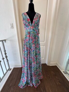 NWT Aidan Mattox Sz 10 Floral Printed Chiffon V-neck Gown $295